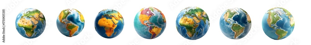 Fototapeta premium Set of seven stylized planet Earth globes in a row.