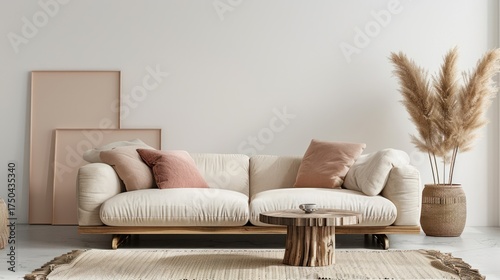 Minimalist Cream Sofa with Pink and Beige Cushions in Bright Living Room