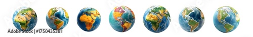 Set of seven stylized planet Earth globes in a row.