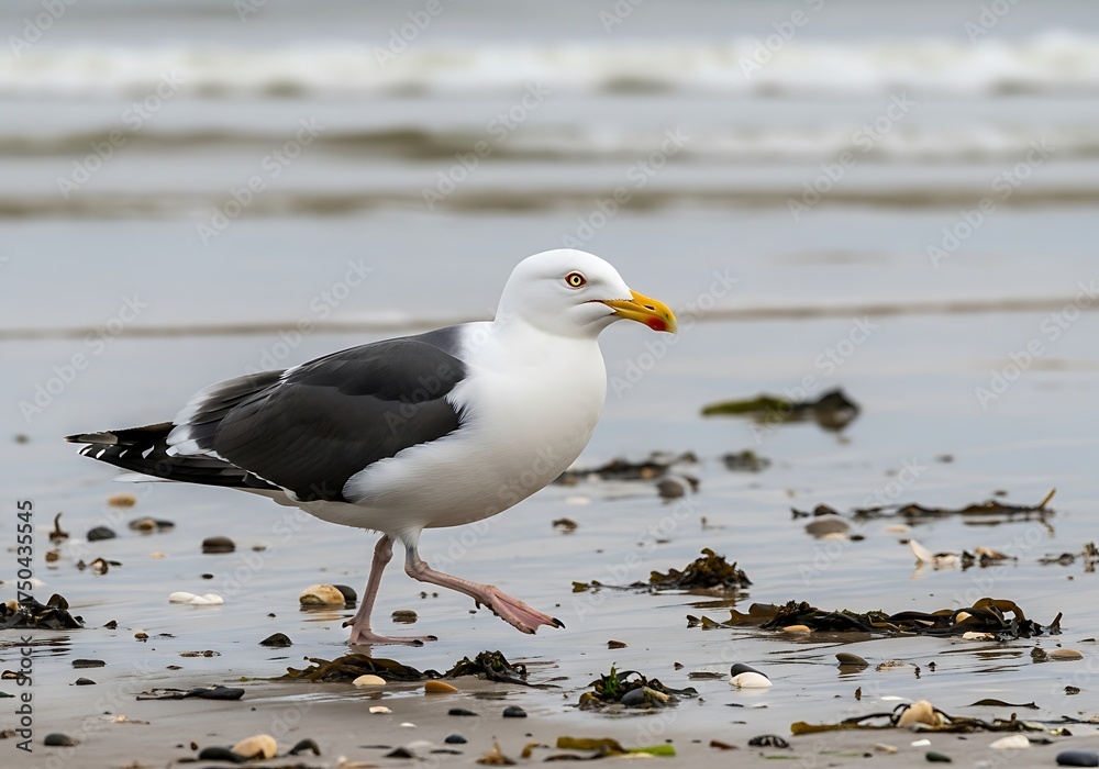Obraz premium Great Black-Backed Gull Walking on a Sandy Beach.