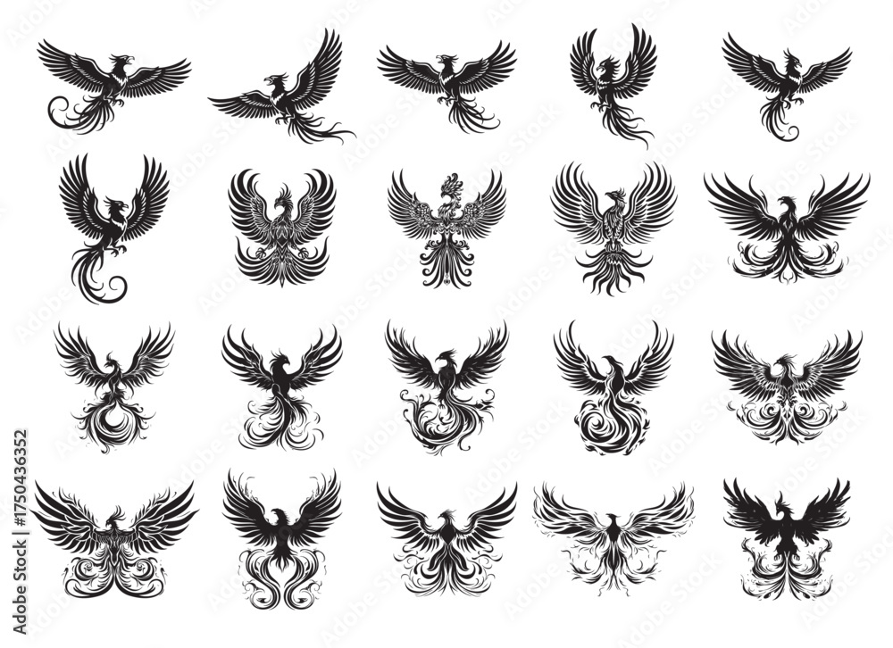 Obraz premium Vector of an epic collection of Phoenix birds in flight with intricate, fiery tails, ideal for mythical, reborn, and strong brand designs. Birds.