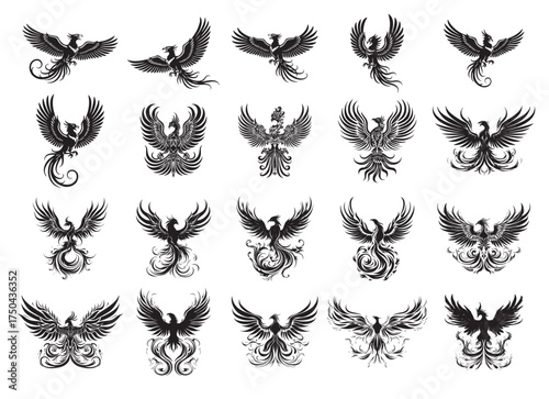 Vector of an epic collection of Phoenix birds in flight with intricate, fiery tails, ideal for mythical, reborn, and strong brand designs. Birds.
