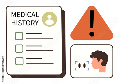 Medical history document with a checklist, alert symbol, and person using voice recognition technology. Ideal for healthcare, AI, diagnostics, record management, patient safety, telemedicine simple