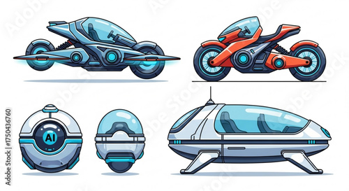 Futuristic vehicles concept art featuring flying car, motorcycle, pod and ai robot transport design