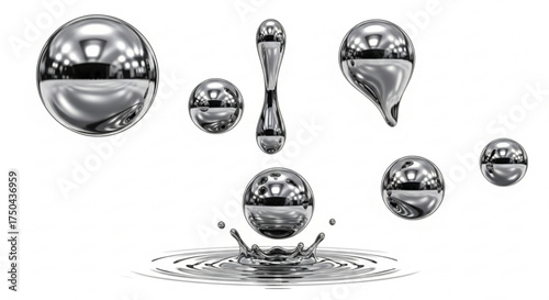 Shiny liquid mercury drops illustration for science and chemistry concept with silver color effect