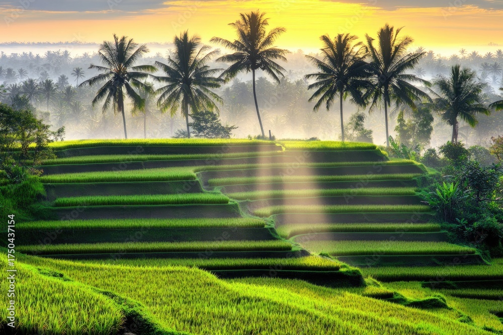 Obraz premium Lush terraced rice paddies at sunrise, palm trees silhouettes