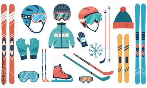 Colorful flat illustration of winter sports gear including skis, helmets, goggles, jackets, gloves, snowflakes, and skates — perfect for ski equipment branding, outdoor apparel design .