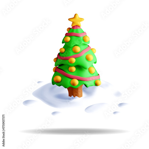 Stylized 3D Christmas Tree With Golden Star and Pink Ribbon Decorated With Yellow Orbs Sitting In Snow With Realistic Shadow Isolated On White Background