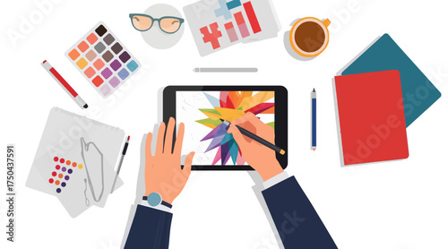 Creative Designer Workspace Vector Illustration with Hands Drawing Digital Art on Tablet