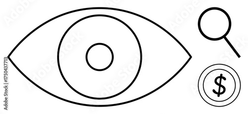 Large eye outline with focus circle, magnifying glass, and dollar sign. Ideal for innovation, analytics, vision, financial growth, insight, research and market strategy in a simple flat metaphor