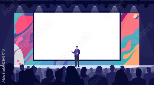 Creative Tech Conference Presentation Vector Illustration with Speaker on Stage and Large Screen Background