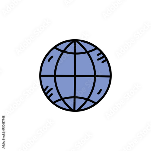 Stylized blue globe with black grid lines and white highlights set against a clean white background symbolizing global connection and education with a simple artistic rendering