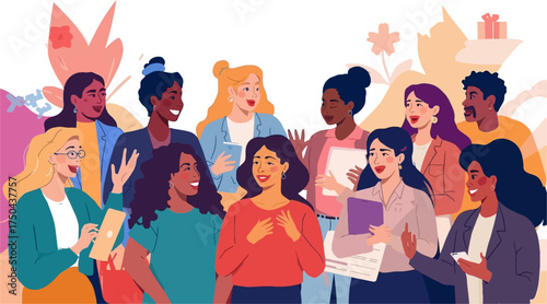 Diverse Team Collaboration Vector Illustration with Happy Professionals Discussing Ideas Together