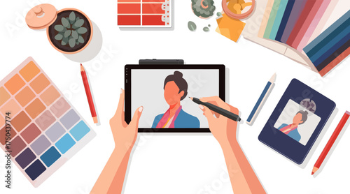 Digital Artist Workspace Vector Illustration with Hands Drawing Portrait on Tablet