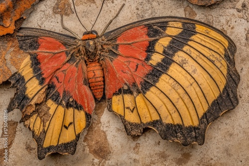 Close-up of a faded, damaged butterfly with orange-red and yellow wings