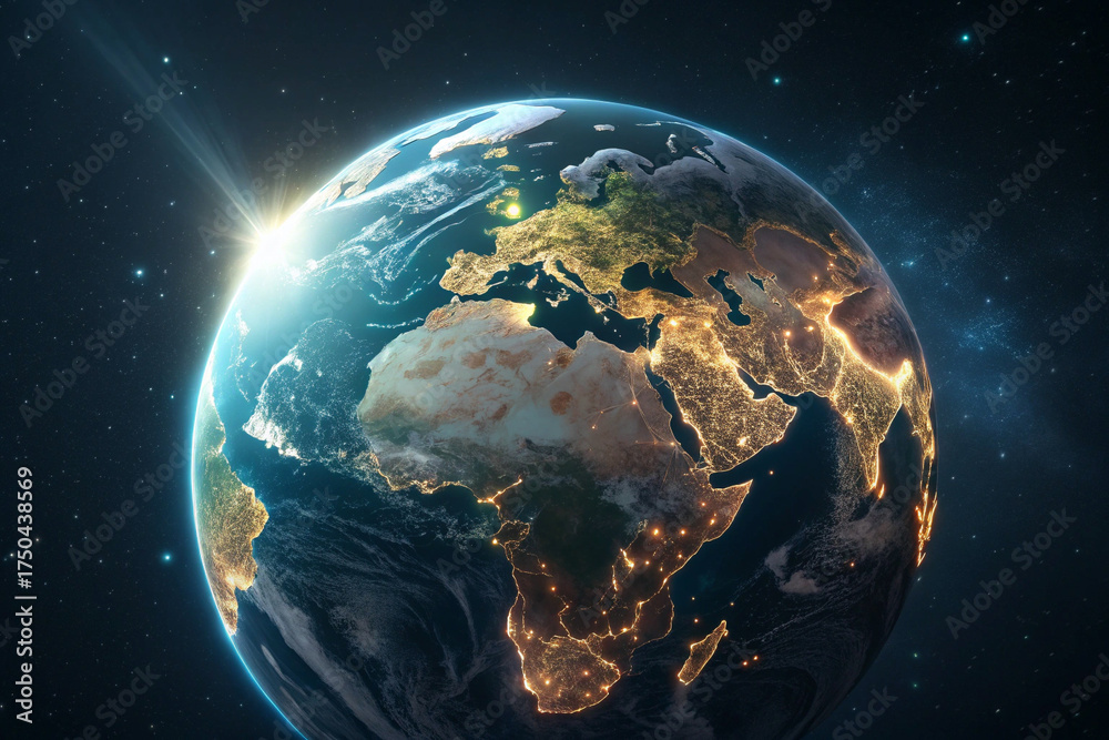 Fototapeta premium Glowing 3d planet earth digital render with futuristic sci fi cinematic details
