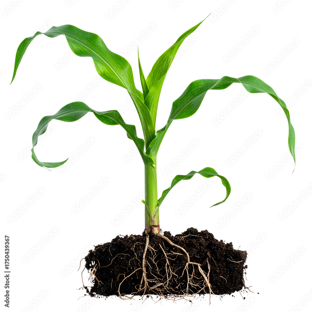 Obraz premium A young corn stalk with vibrant green leaves, visible roots, and dark soil, isolated