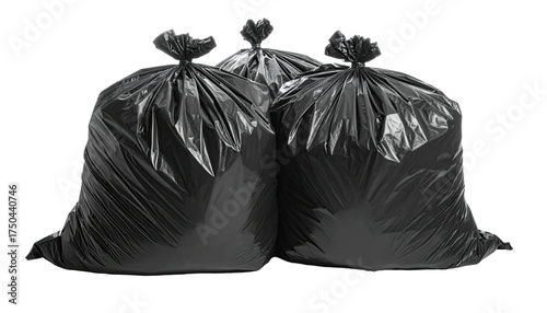 Three tightly knotted black plastic sacks, filled with waste, on a transparent background