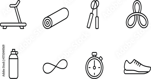 Fitness essentials icons for healthy lifestyle and exercise routines, workout goals