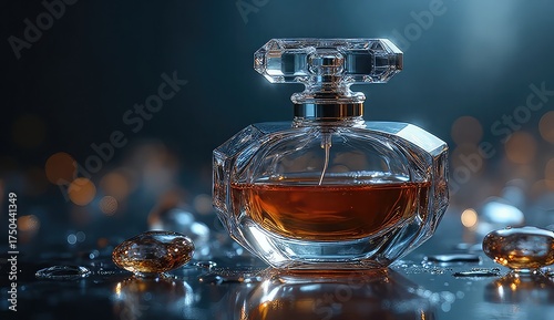 Luxurious glass perfume bottle with amber liquid and sparkling water droplets, evoking elegance and sophistication for beauty campaigns.