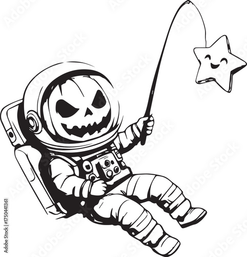 Halloween astronaut vector with pumpkin head fishing for stars in space for whimsical, surreal, and festive sci-fi design