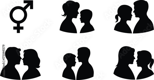 Family love silhouettes showing diverse relationships and gender symbols for design