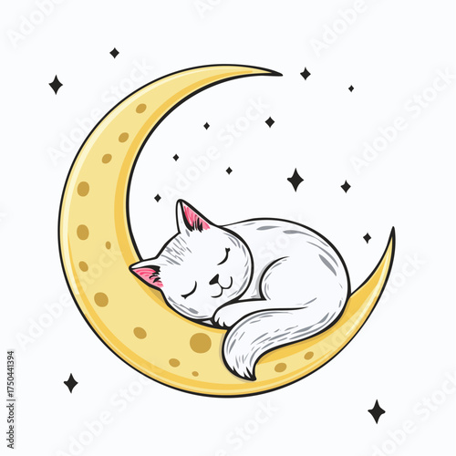 Dreamy Cat Nap A Whimsical Illustration of a Kitten Sleeping on the Moon.
