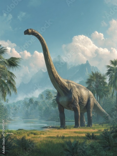 Majestic Dinosaur in Lush Prehistoric Landscape with Tropical Vegetation and Mountains