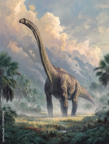 Majestic Dinosaur in Lush Prehistoric Landscape under Dramatic Sky