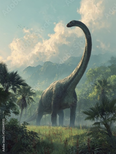 Majestic Dinosaur in a Lush Prehistoric Landscape, Evoking Wonder and Exploration