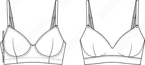 Cad drawing flat vector illustration, bra front view technical sketch, lingerie design template, adjustable strap, seam detail, fashion garment