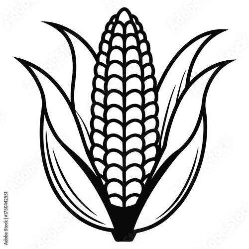 Stylized black and white illustration of a ripe ear of corn with leaves