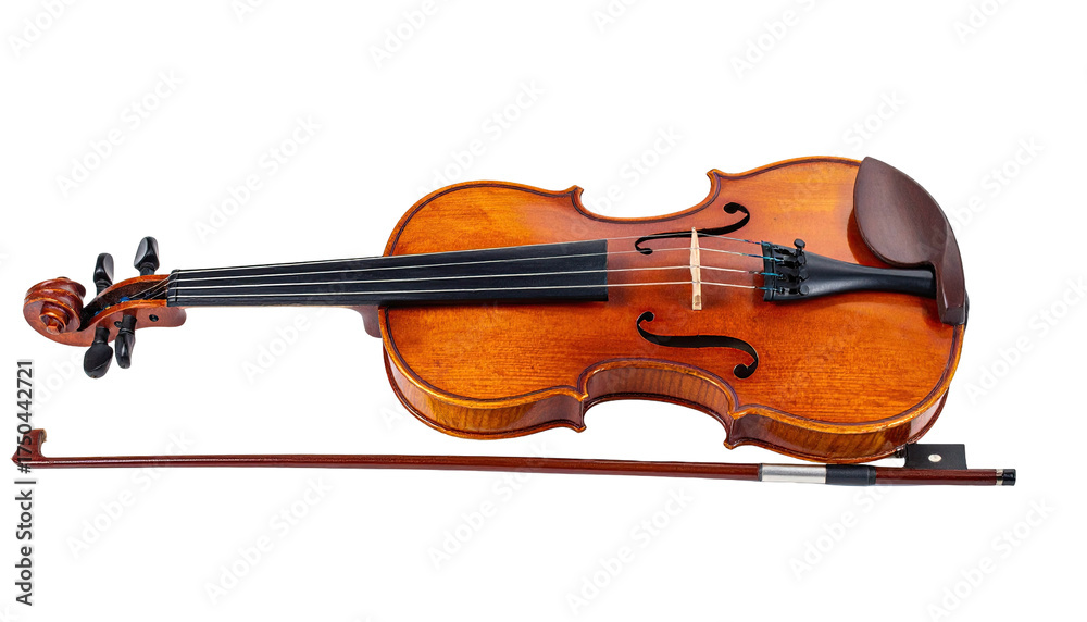 Fototapeta premium Wooden violin and bow, lying flat, details in focus, on a black background