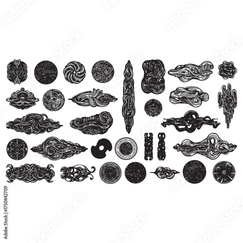 Collection of abstract black ink splatters and organic shapes