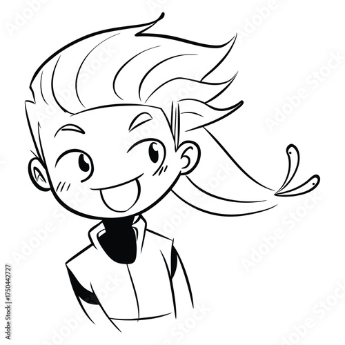 Happy anime style boy with spiky hair winking and smiling black and white sketch