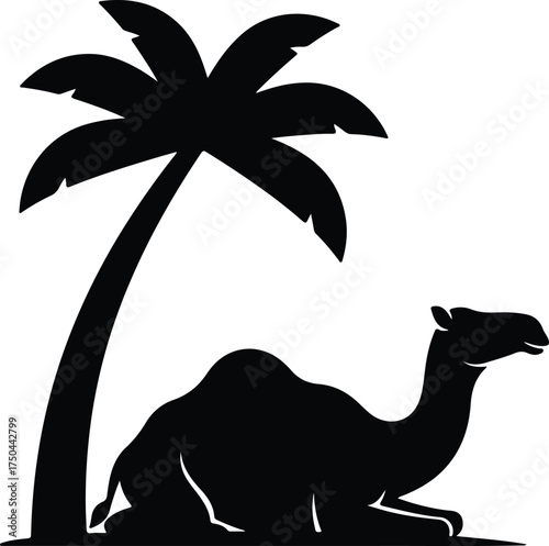 Vector silhouette camel resting under palm tree illustration