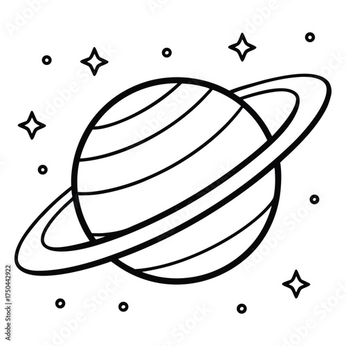 Simple outline drawing of a ringed planet with stars in space