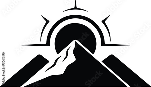 Vector silhouette mountain peak with rising sun abstract illustration