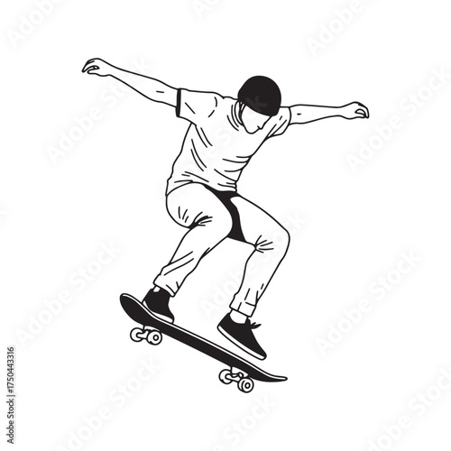 Line art of a skateboarder performing a trick skateboarding