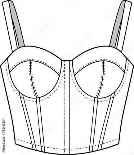 Cad drawing flat vector illustration, bustier top front view, fashion technical sketch, underwire detail, structured garment design, shoulder straps