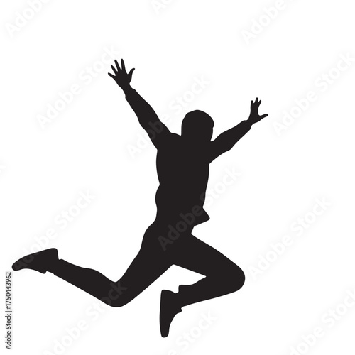 Silhouette of a man jumping with arms raised Keywords: silhouette, man, jumping, leaping