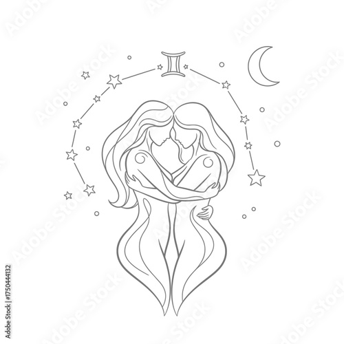 Intricate Gemini Twins Embracing Celestial Constellation Adult Coloring Book Art