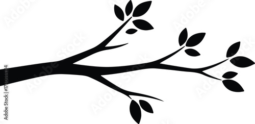 Vector silhouette tree branch with leaves simple black illustration