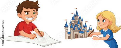 PrintChildren drawing and painting, creative kids activity, art class fun, castle model, teamwork, imagination, school project, colorful, education, learning