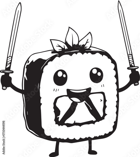 Cartoon sushi roll character with happy face and swords in playful black-and-white line art style