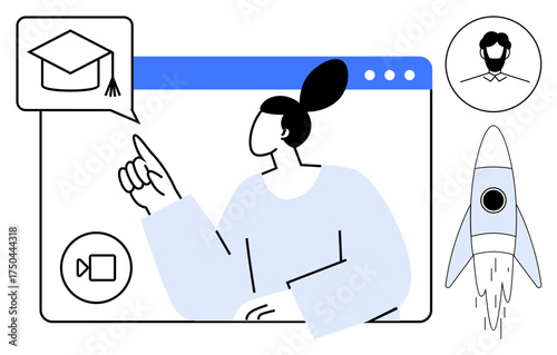 Teacher presenting educational material during virtual class, video call interface with graduation cap icon, avatar, and rocket symbol. Ideal for e-learning, education, innovation, online mentoring