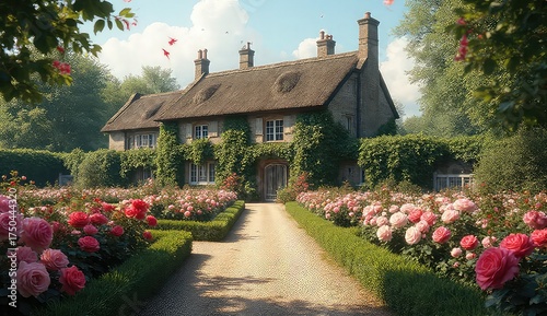 Enchanting English cottage adorned with vibrant rose gardens and lush greenery under a bright, sunny sky