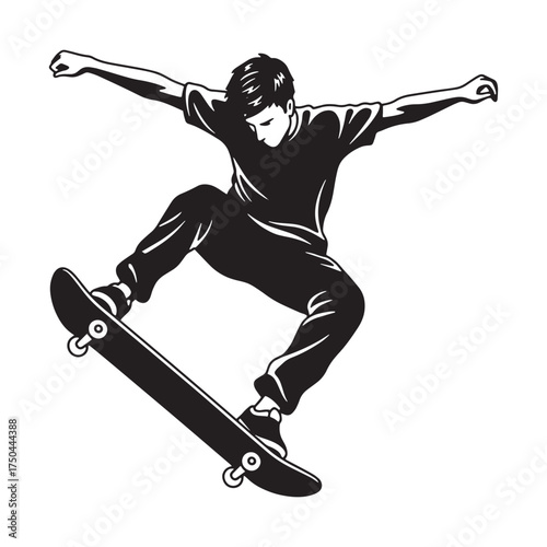Skateboarder performing aerial trick on white background