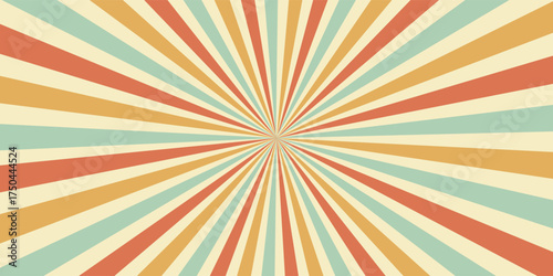 A fun retro sunbeam swirl background adds a wavy orange and yellow hue with a grunge texture. Sunbeam-inspired shapes, vector
