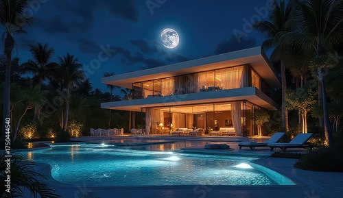 Stunning modern mansion with illuminated pool and lush tropical landscape bathed in moonlight, perfect for luxury real estate or vacation dreams
